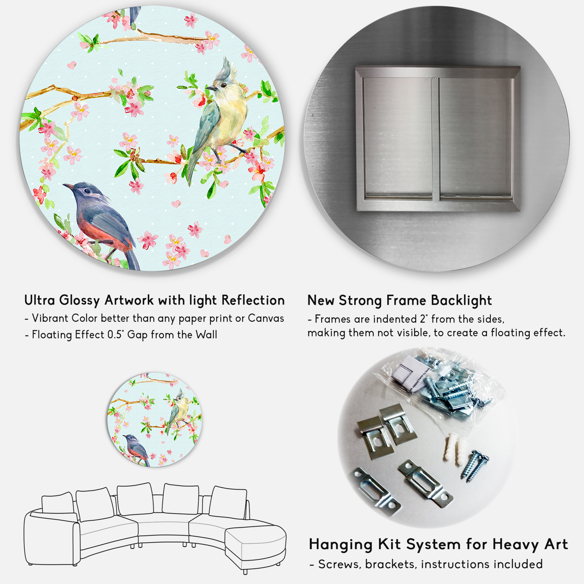 Designart 'Birds and Flowers Pattern In Blue' Traditional Circle Metal Wall Art 23x23 - Disc of 23