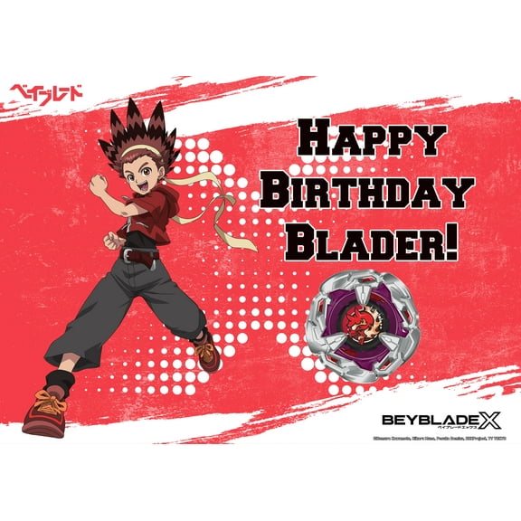 BEYBLADE X Cake Topper Decoration – Anime Battle Scene in Red with Characters and Spinning Tops fits 1/4 Sheet cake or larger