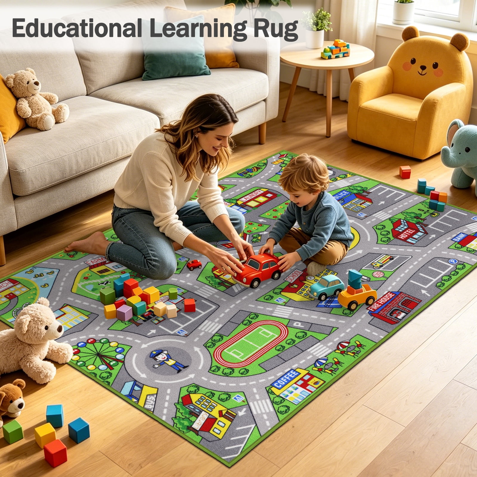 ORGOWEL Kids Carpet Playmat Area Rug Car Mat Play Rug for Playroom Educa tional Car Mat Machine Washable Non-Slip Kids Rug for Bedroom, Living Room,39.4"x63",Green
