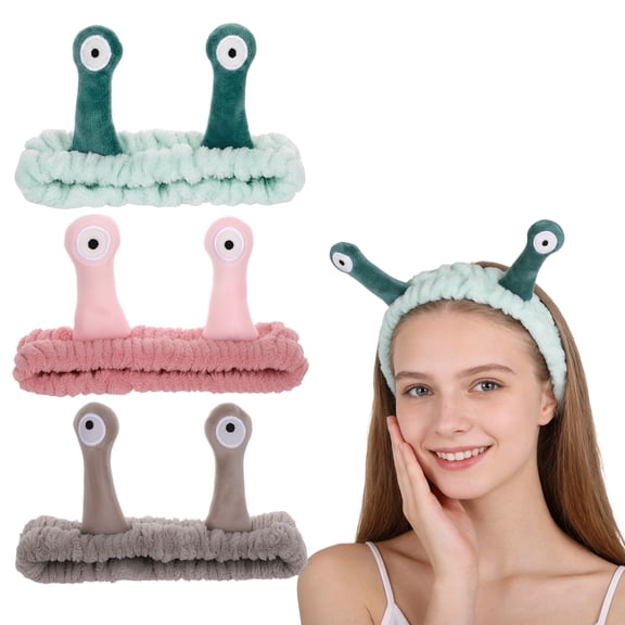 Bocaoying 3 Pack Funny Snail Face Wash Headbands, Coral Fleece Spa Hair Bands for Women, Cute Cartoon Makeup Headwrap for Skincare, Shower, Sports, Adjustable Elastic Headband, Brown/Green/Dusky Pink