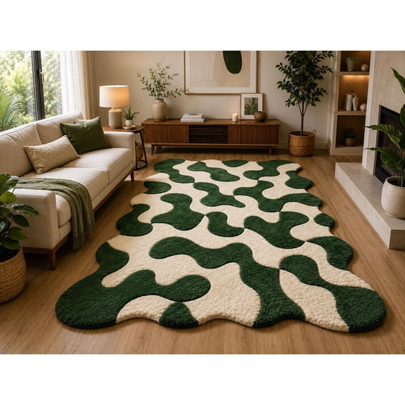 Hand-Tufted Wool Abstract Multi-Level Carved Wavy Pattern Cream Beige ...