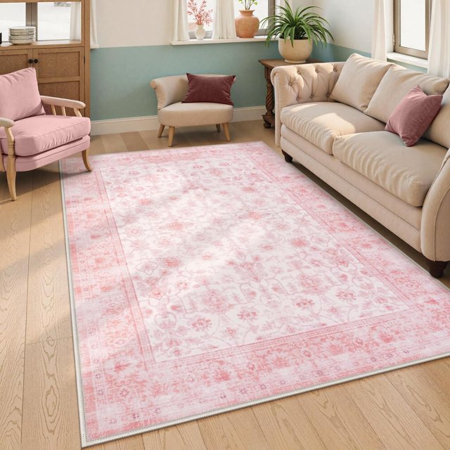 - Alfombra de área rosa de 4 x 6 pulgadas, clásico para sala de estar, lavable a máquina, alfombras rosas para recámara y niñas, alfombra de interior para comedor, cuarto de bebé, deción