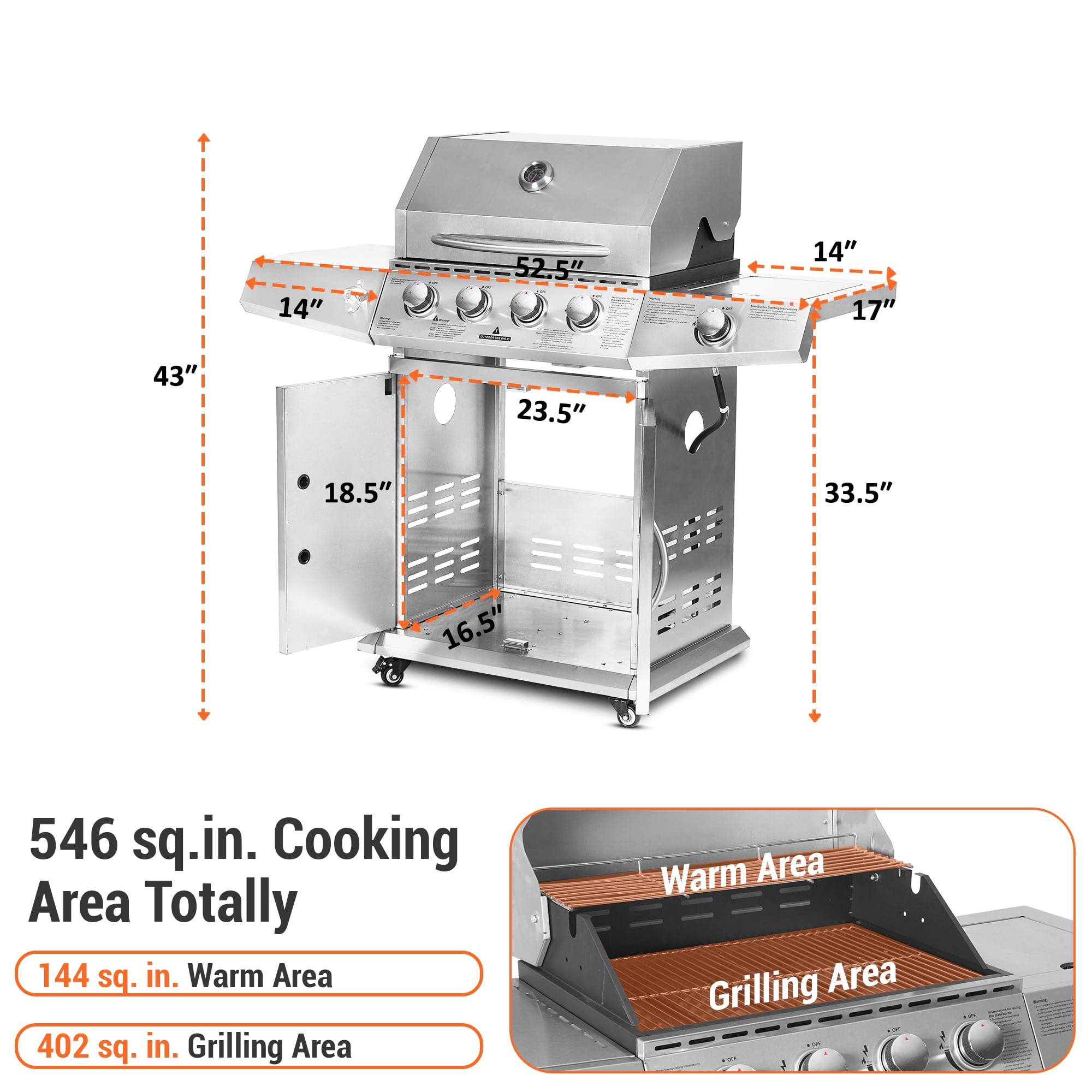 BETISEF 4-Burner Propane Gas BBQ Grill with Side Burner, 60,000 BTU Output Stainless Steel Grill,Cabinet Style for Outdoor Cooking Kitchen and Patio Backyard Barbecue
