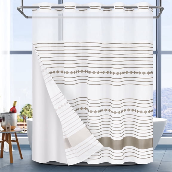 Ikfashoni Hookless Shower Curtain with Snap in Liner, Brown Strip No Hook Waterproof Bath Curtain, 71"X74"
