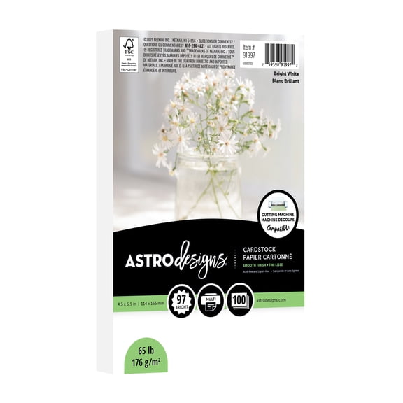 Astrodesigns Cardstock, Bright White, 4.5" x 6.5", 65 lb./176 gsm, 100 Sheets (91997)