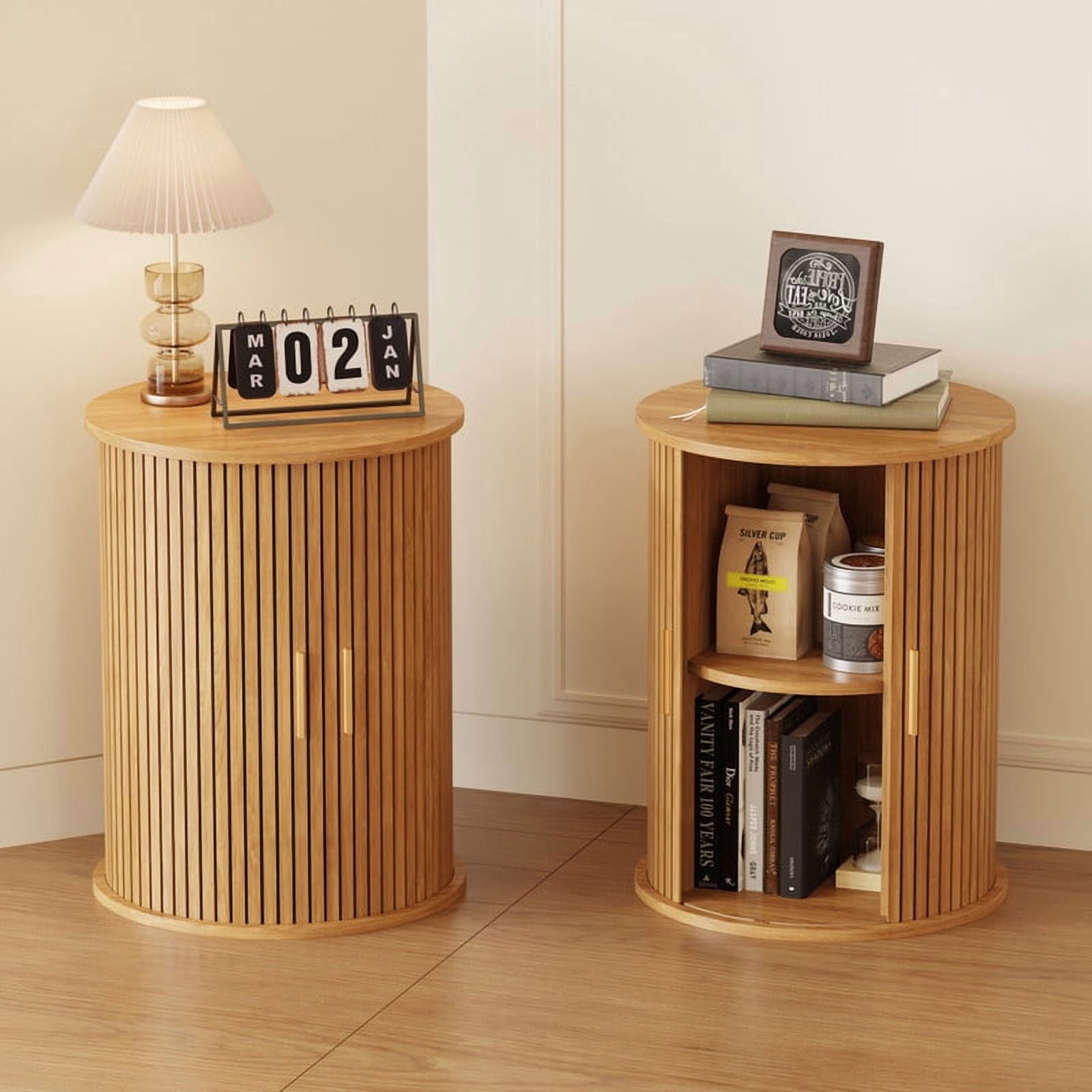 Fluted Round Side Table, Mid Century Modern Night stand with Sliding Tambour Door and Storage Shelf, Wood Bedside Table, End Table for Small Space,Bedroom, Living Room