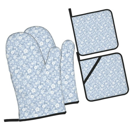 

Tebeau Gray White Floral Print 4 Pcs Oven Mitts and Pot Holders 500°F High Heat Resistant Kitchen Oven Mitts with Pot holders Long Oven Mitts for Baking and Cooking