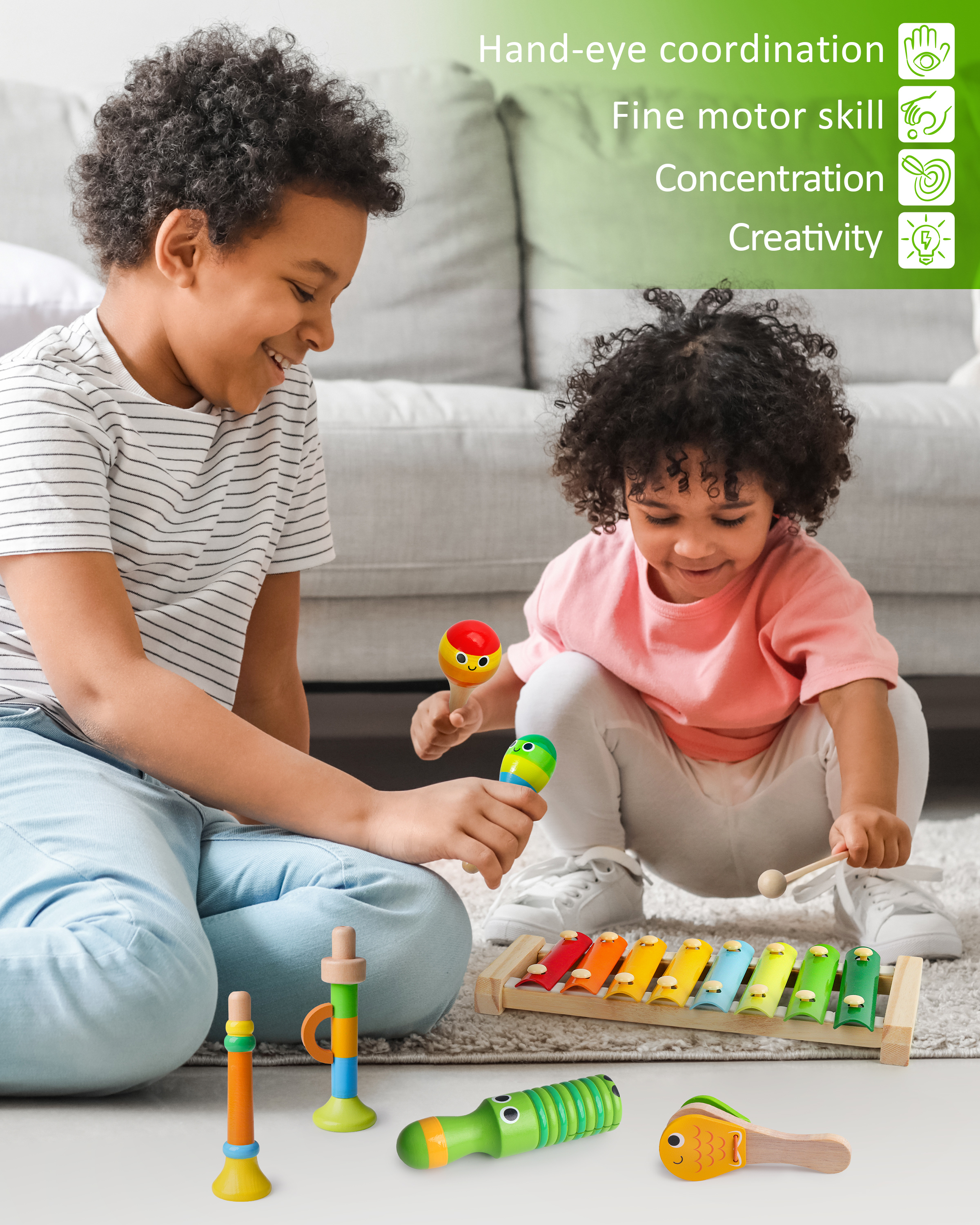Coogam Wooden Musical Instruments for Toddlers, Tambourine Xylophone Castanet Flute Maracas Playset, Wood Percussion Rhythm Music Toy, Montessori Educational Learning for 1 Years Old
