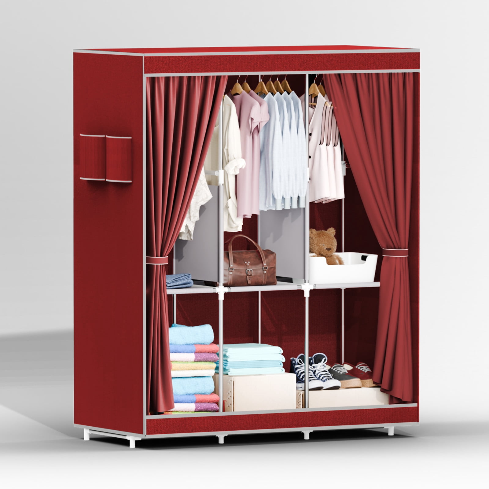 Portable Closet Storage for Home Bedroom, Non-woven Fabric Wardrobe Closet and Organizers and Storage, Dustproof Clothes Rack Shelf, Red