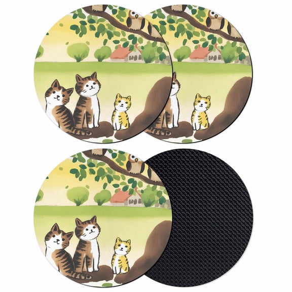 Cute Cats Coasters Set of 4, Absorbent Coasters for Drinks, Japanese Owls Animals Country Leaves Rustic Coaster for Desk Coffee Table Protection, Home Decor House Warming Gifts 4"