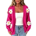 thumbnail image 2 of Womens Open Front Knit Cardigan 3D Daisy Floral Applique Long Sleeve Loose Fit Solid Color Casual Knitted Sweater Coat Pink XL, 2 of 4