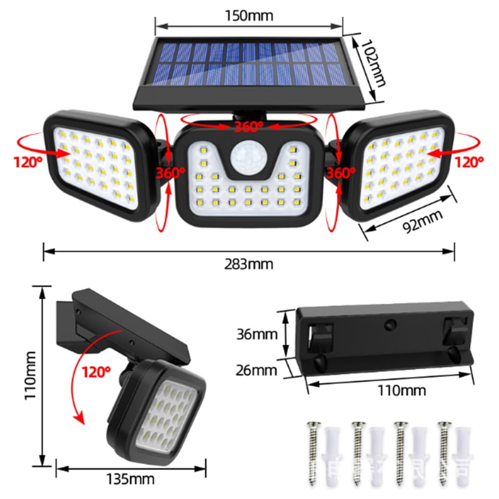 Details about   74LED Solar 3 Head Light Motion Sensor Solar Security Lamp Spotlight Outdoor UK 
