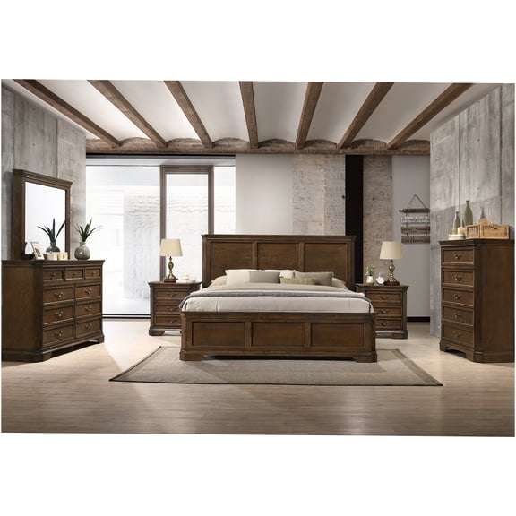 JERFIT 6-Piece Queen Bedroom Set in Walnut Brown, Solid Wood Panel Bed Frame with Dresser, Mirror, 2 Nightstands and Chest for Traditional Style