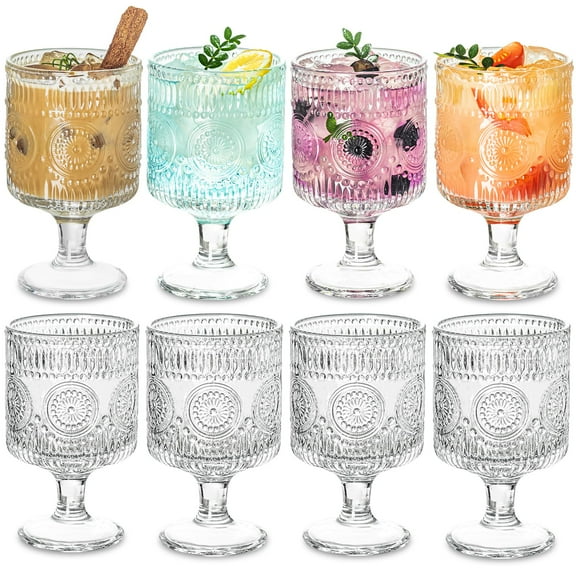 Set of 8 Romantic Vintage Goblet glassware, Charming Embossed Floral Cocktail Glasses Set, Mixed Drink Glasses, for Bars, Restaurants, Party, and Elegant Dinners, 7 oz Wine Glasses