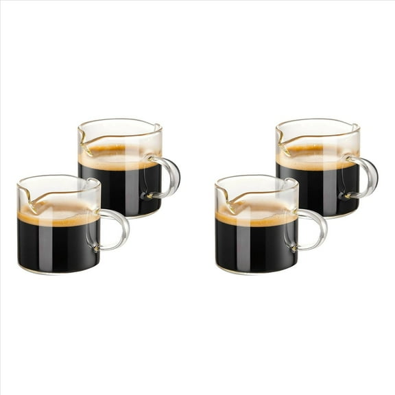Rollbacks & More Espresso Cups Set of 4, 4 OZ Double Spouts Cups, Shot Glasses, Milk Cup with Handle, Clear Glass,