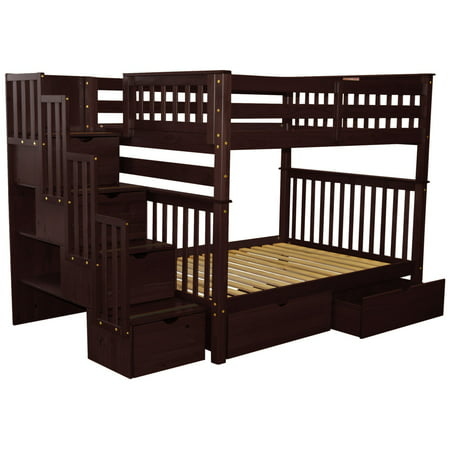 Bedz King Stairway Bunk Beds Full over Full with 4 Drawers in the Steps and 2 Under Bed Drawers,