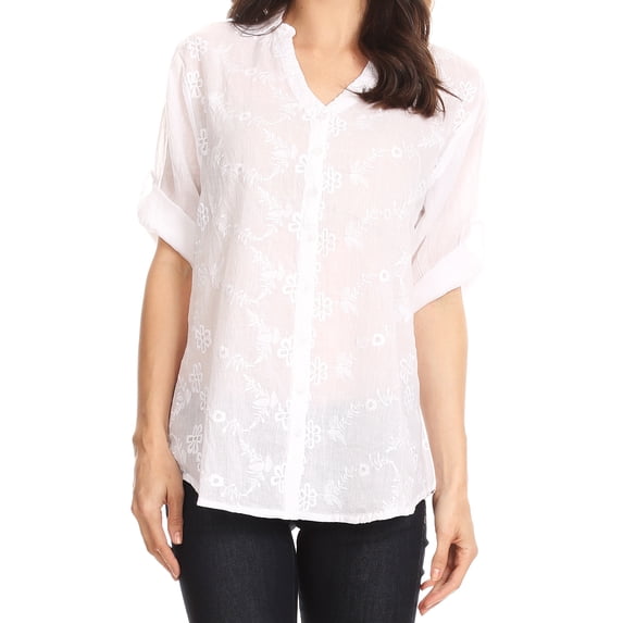 Sakkas Isabella V-Neck Button Up Roll Sleeve Floral Embroidered Shirt - White - 2XL
