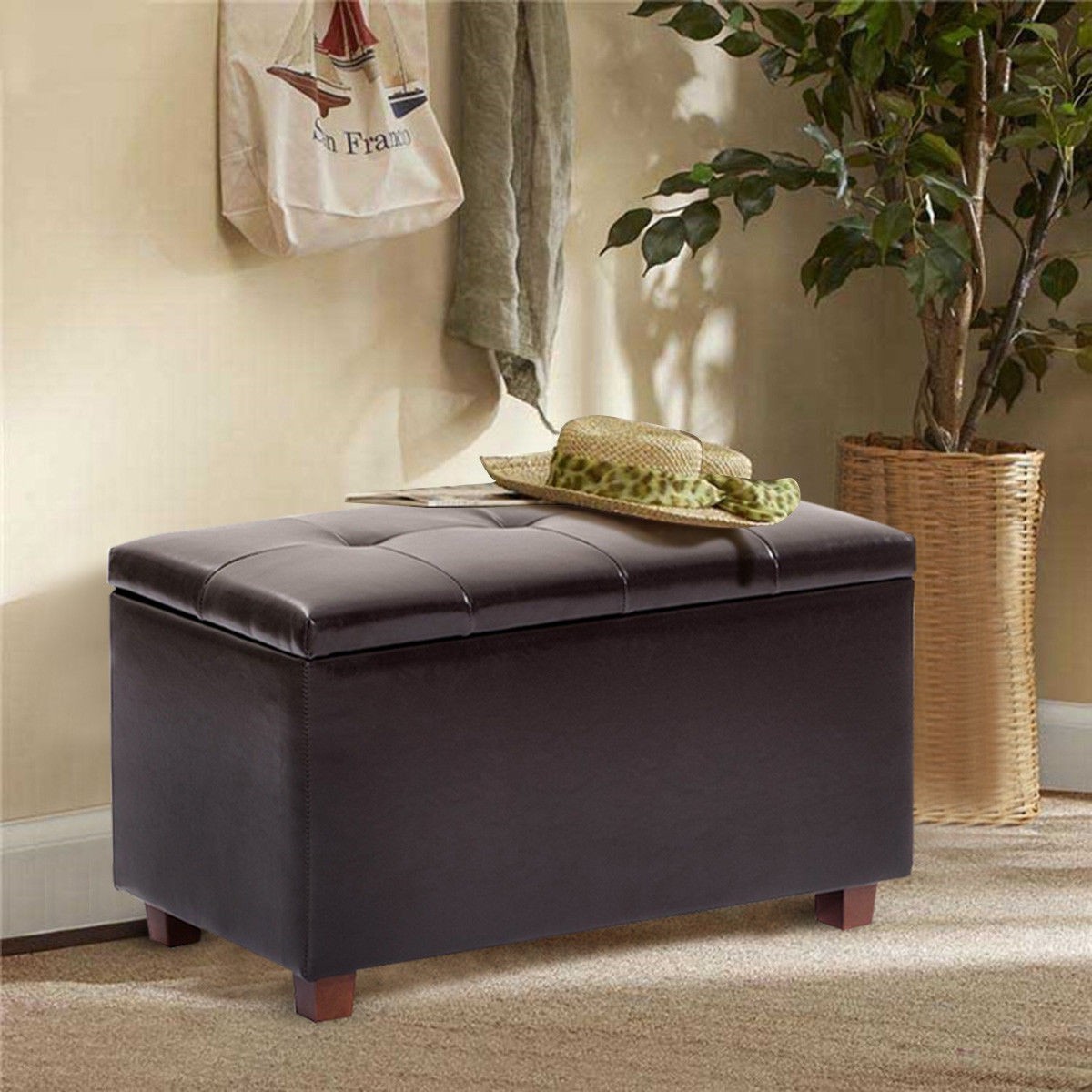 PU Leather Lift Hinge Top Storage Footstools Ottoman Brown Walmart