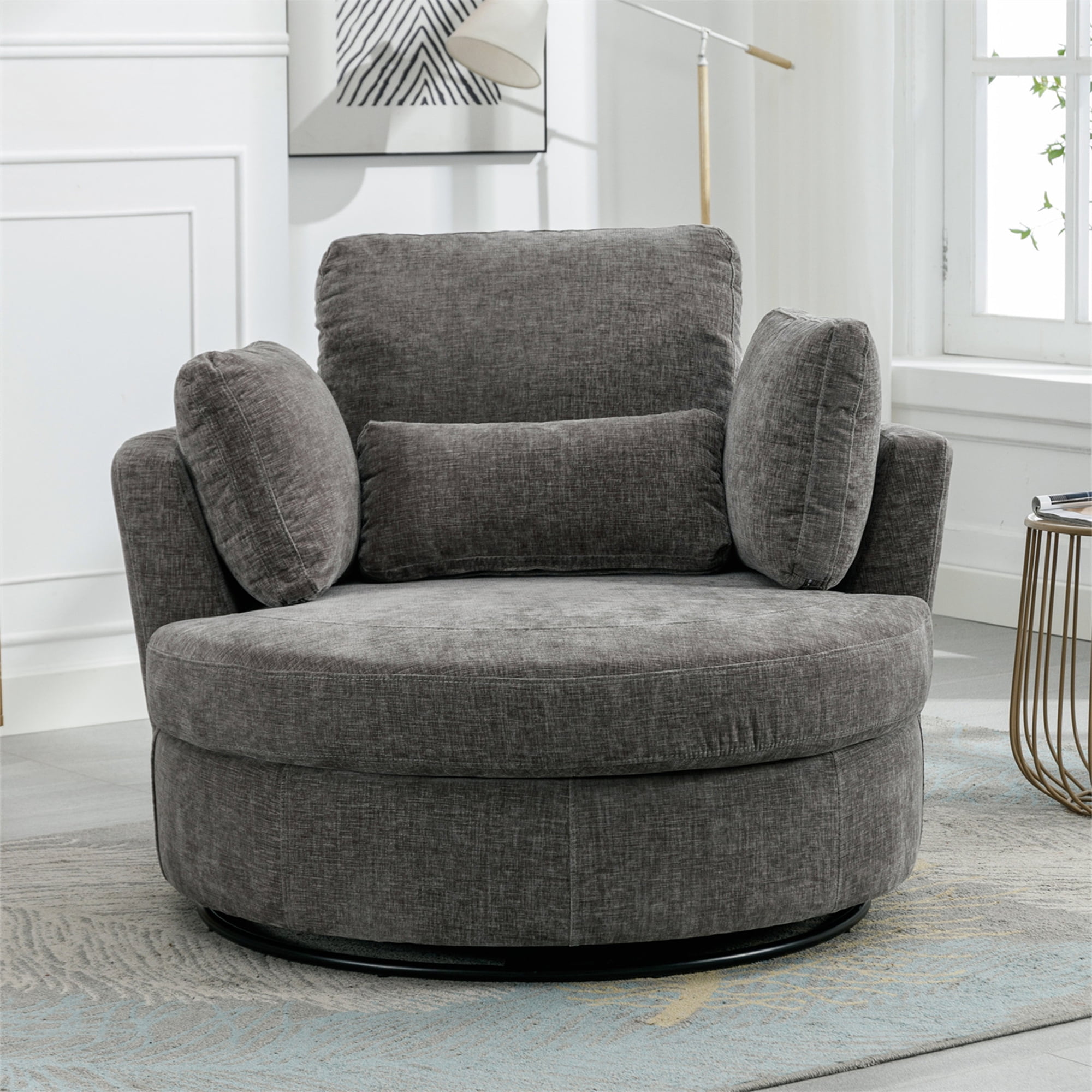 Aukfa 42" Oversized Swivel Accent Chair w/ Lumbar Pillow, Living Room Barrel Chair Read Chair, Gray