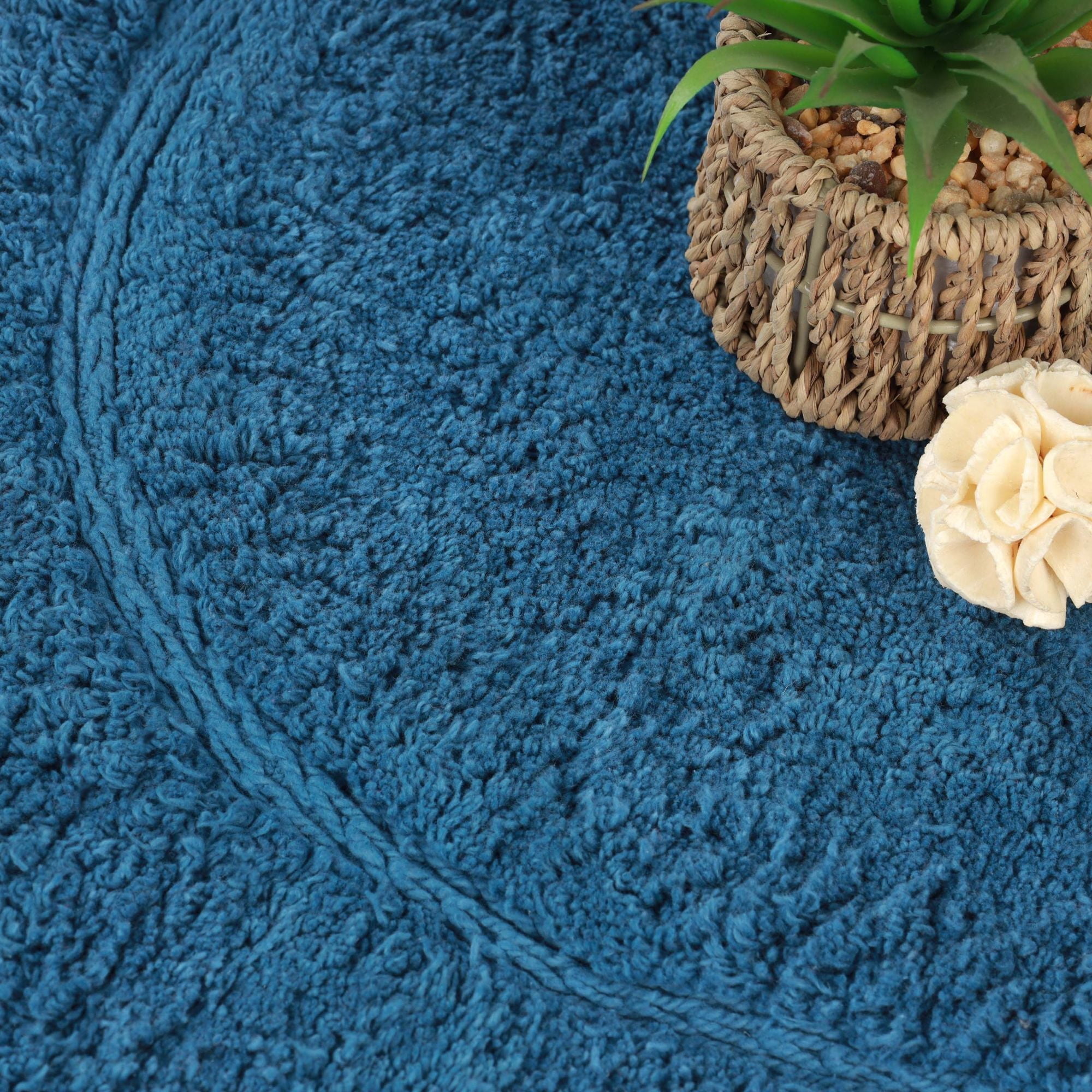 Superior Oval Bordered Cotton Washable Non-Slip Bath Rug, Runner Size, Sapphire