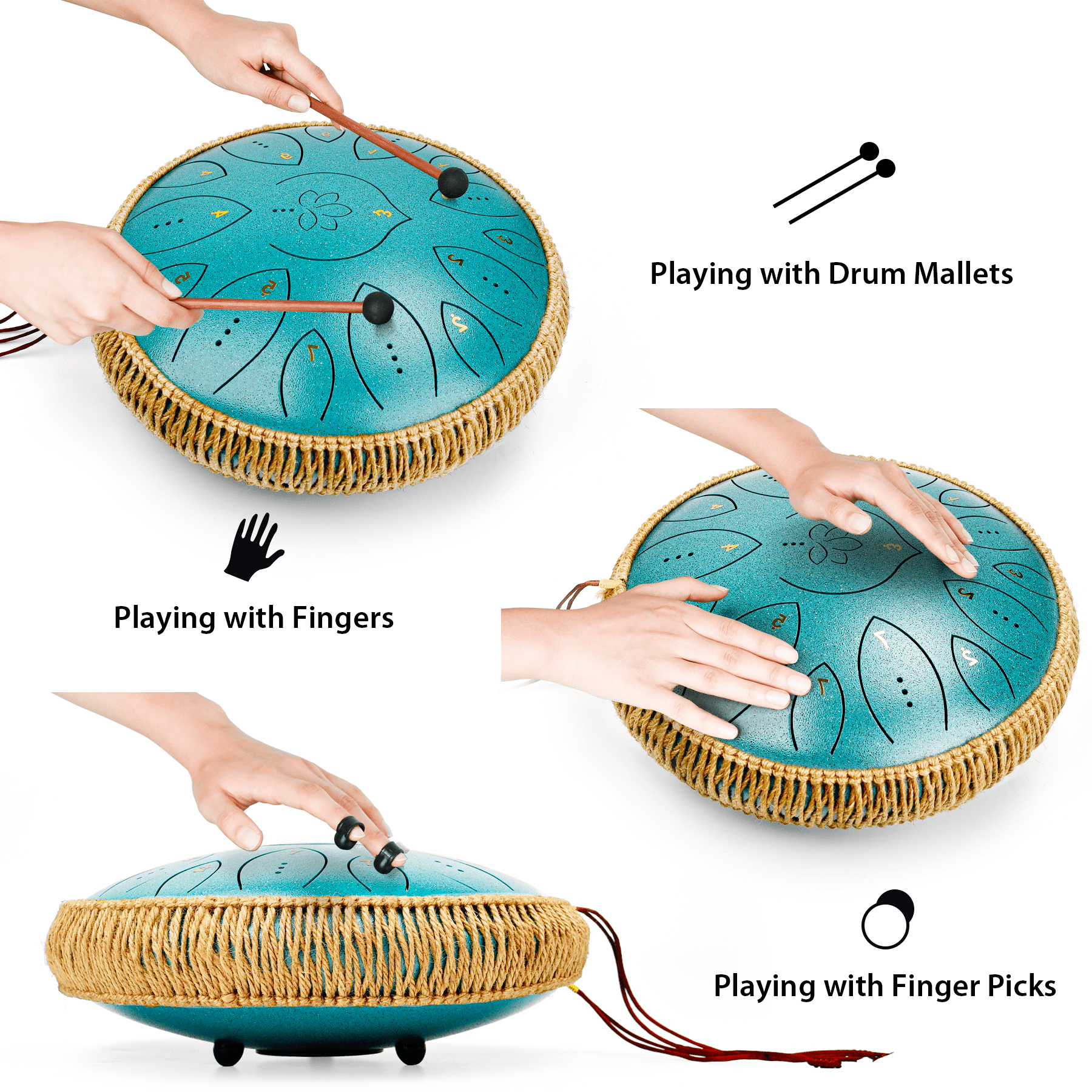 Lidguni Steel Tongue Drum 13" 15-Notes Tongue Pan Drums for Adults, C Major, Malachite Green