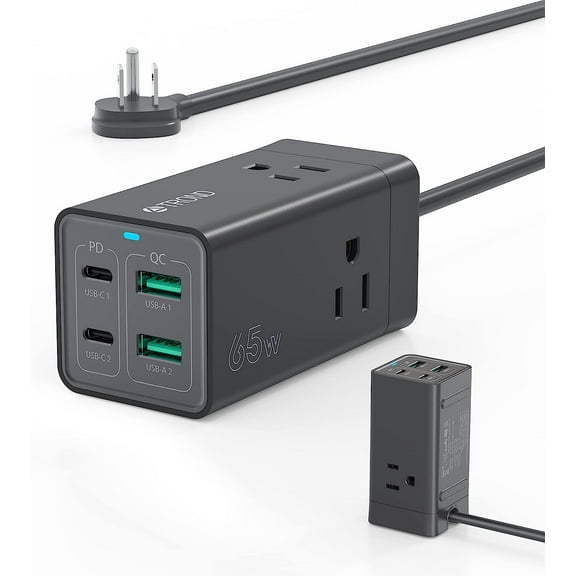 TROND USB C Charger Power Strip, Fast Charging Station, Desktop Fast Charger, 2 Type-C, 2 USB-A, 3 AC Outle, 65W GaN3 Fast Wall Charger Compatible with MacBook Laptops iPhone Samsung iPad Black