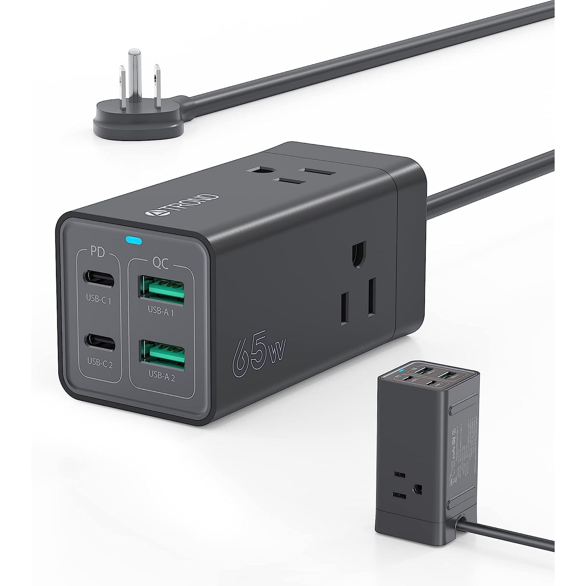 TROND USB C Charger Power Strip, Fast Charging Station, Desktop Fast Charger, 2 Type-C, 2 USB-A, 3 AC Outle, 65W GaN3 Fast Wall Charger Compatible with MacBook Laptops iPhone Samsung iPad Black