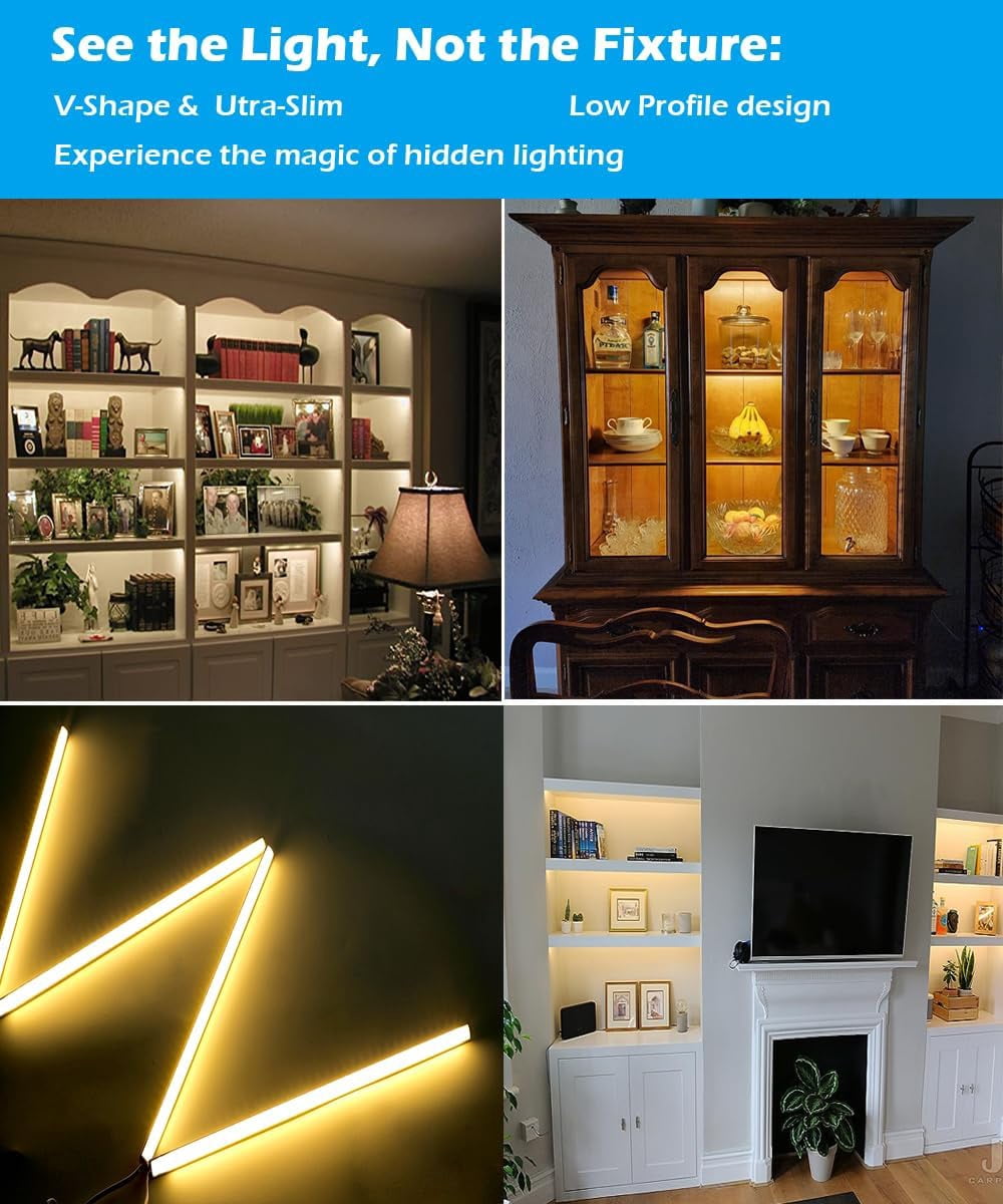 V-Shape Under Cabinet Lighting Kit - 4pcs 12" Dimmable Slim LED Light Bars for Showcase Shelf Seamless Illumination - 1200lm, 12W - Warm White 3000K