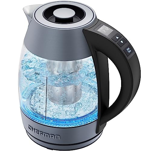 Chefman 1.8L Hot Water Electric Kettle Temperature Control, Stainless Steel Electric Tea Kettle with Infuser, Electric Tea Kettles Automatic Shut Off, LED Lights, Removable Lid, Grey
