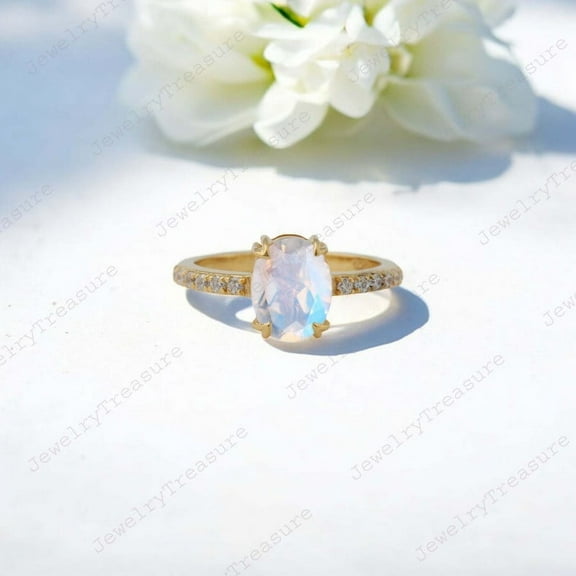 JEWELRYTREASURE 8x6 mm / 2 Ct Natural Moonstone Ring Yellow Gold Plated Ring CZ Diamond Engagement Ring June Birthstone Jewelry Christmas Day Gift for Women