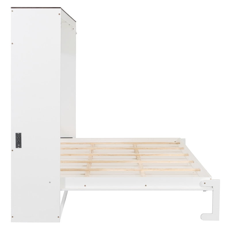 Queen Size Wood Murphy Bed with Hidden Folding Platfom Bed, Wall Cabinet Bed Frame with Shelf Top & Side Charging Station