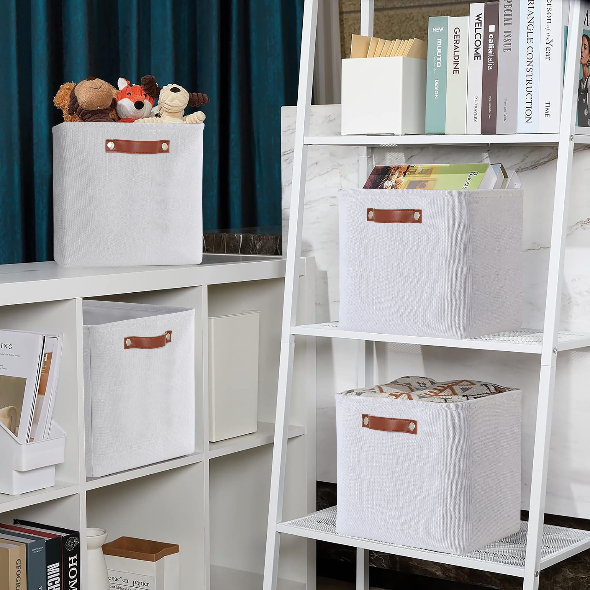 Tegance 13x13 Storage Cubes Baskets 4 Pack Fabric Cube Storage Bins Large Storage Baskets with Leather Handles,Decorative Storage Boxes for Organizing Shelves(White)
