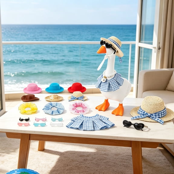 Yardvibe 18PC Desk Goose Outfits, 7 Inch Summer Mini Porch Goose Outfits Hats Sunglasses Swimming Ring Necklaces Dresses for Magnetic Geese Statue, Key Holder Table Decor (D)