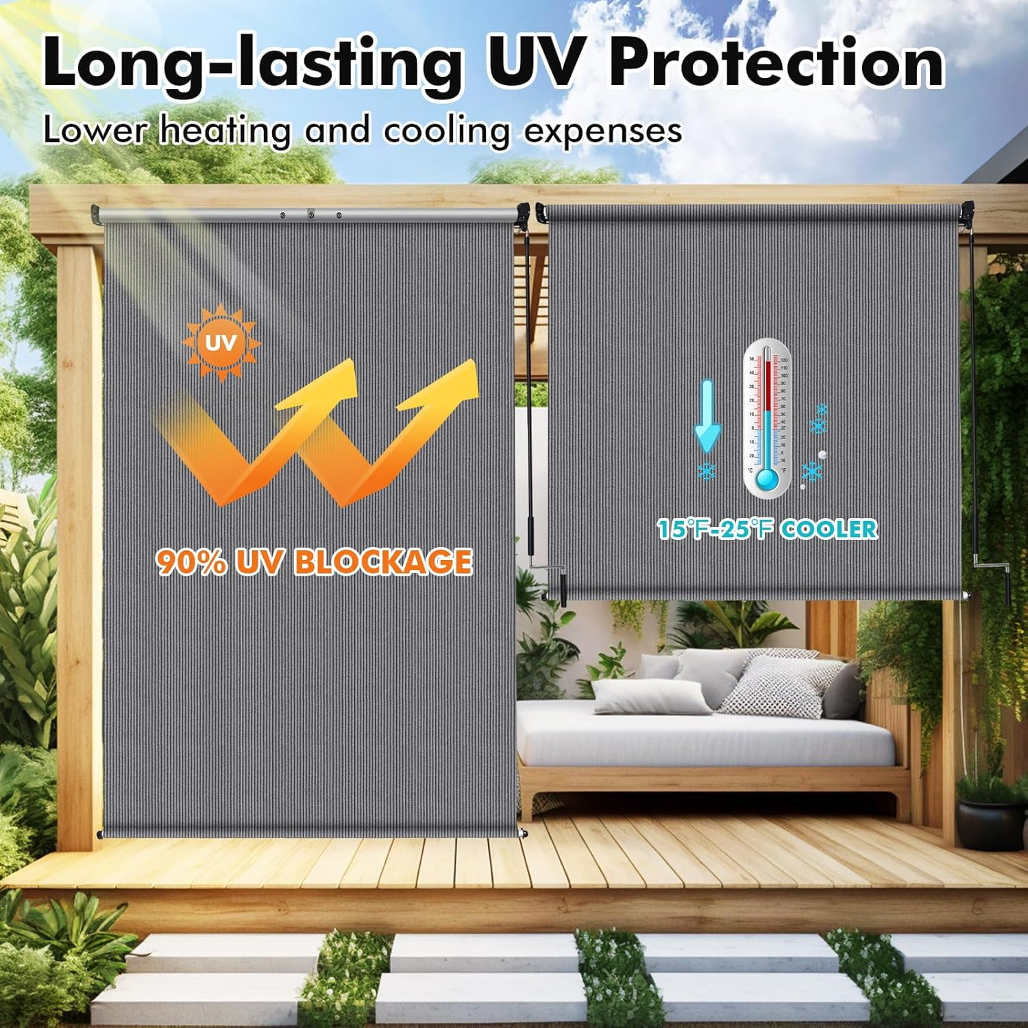 NAWAY 7'W x 6'H Outdoor Roller Shades, Cordless Patio Roll Up Blinds 90% UV Protection Exterior Shade Cloth Roll for Porch Gazebo Pergola Balcony Backyard,Gray