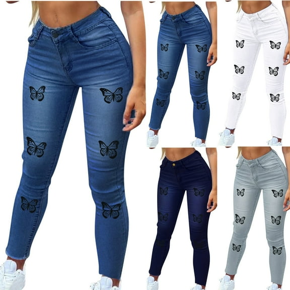 qolati Women's Skinny Jeans Y2k Butterfly Print Low Waisted Pencil Pants Casual Loose Fit Leggings Denim Trousers