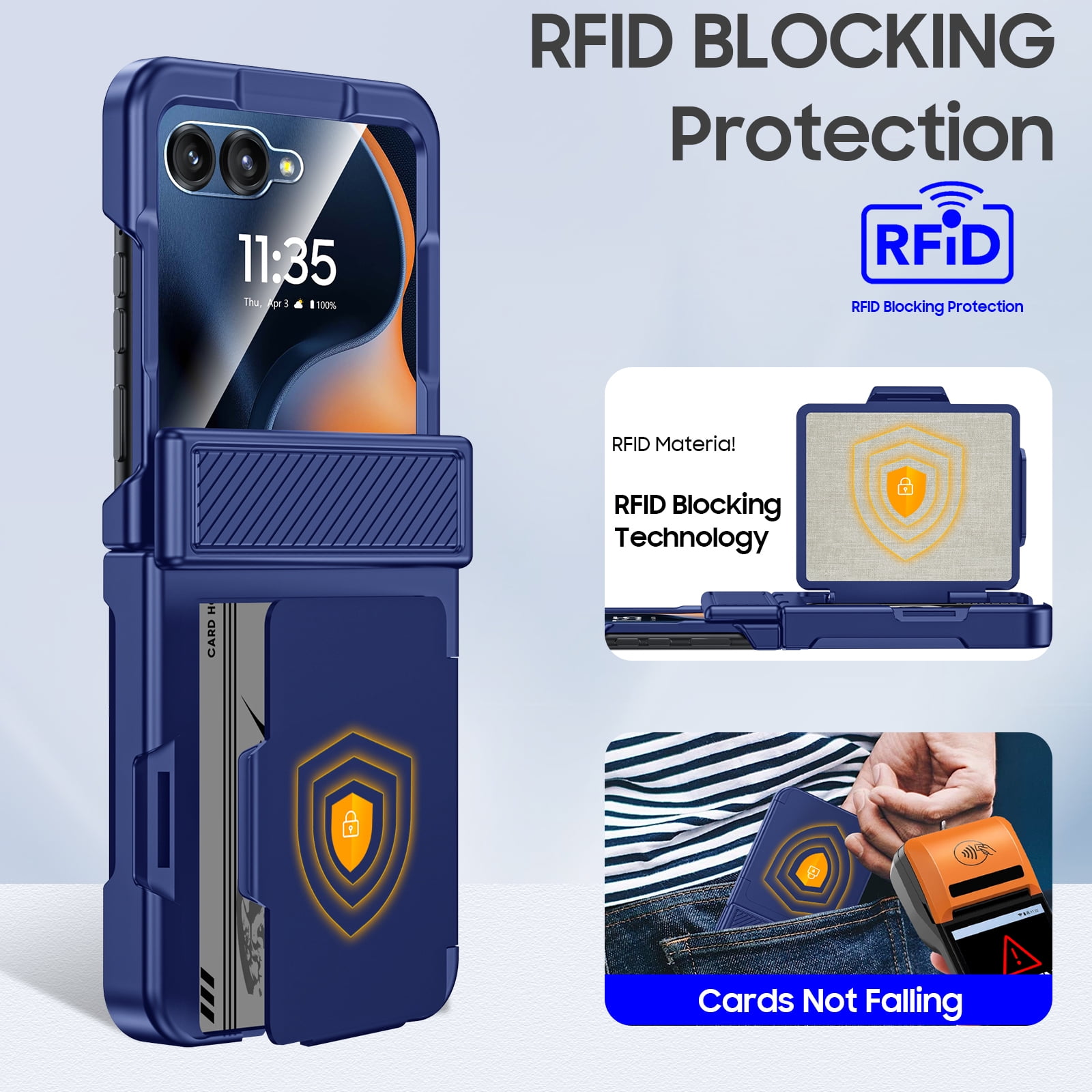 Vizvera for Motorola Razr 2026/2025/2024 Phone Case with Card Holder [RFID Blocking],Hinge Protection,Screen Protector Shockproof Case-Blue