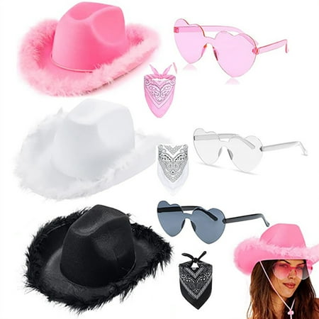 

Meijuhuga 3Pcs/Set Faux Feather Edge Wide Brimmed Solid Color Hat Headscarf Glasses Set Western Style Cowgirl Hat Cashew Nut Print Headscarf Heart Glasses Set