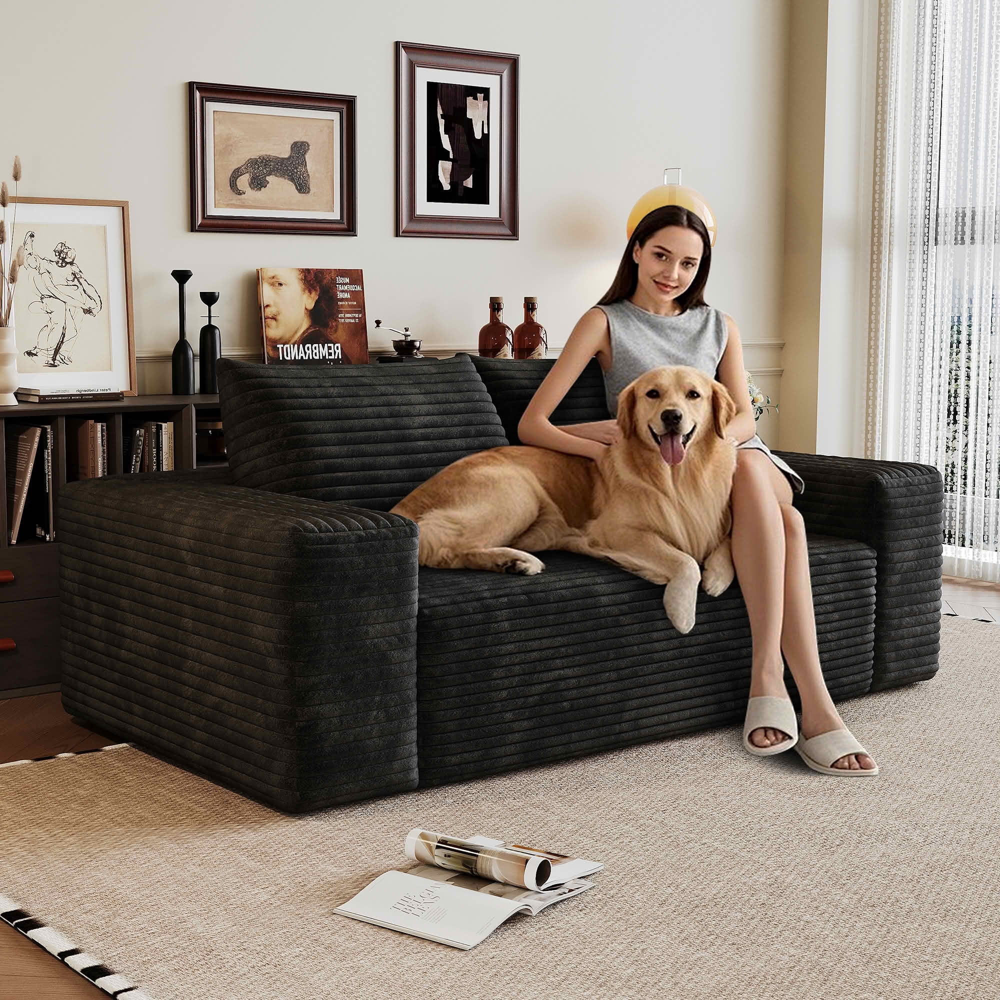 MAYEERTY Modern Black Corduroy 63 Inch 2-Seat Deep Seat Loveseat, Ready-To-Use No Assembly Sofa for Living Room Bedroom Apartment Conference Room