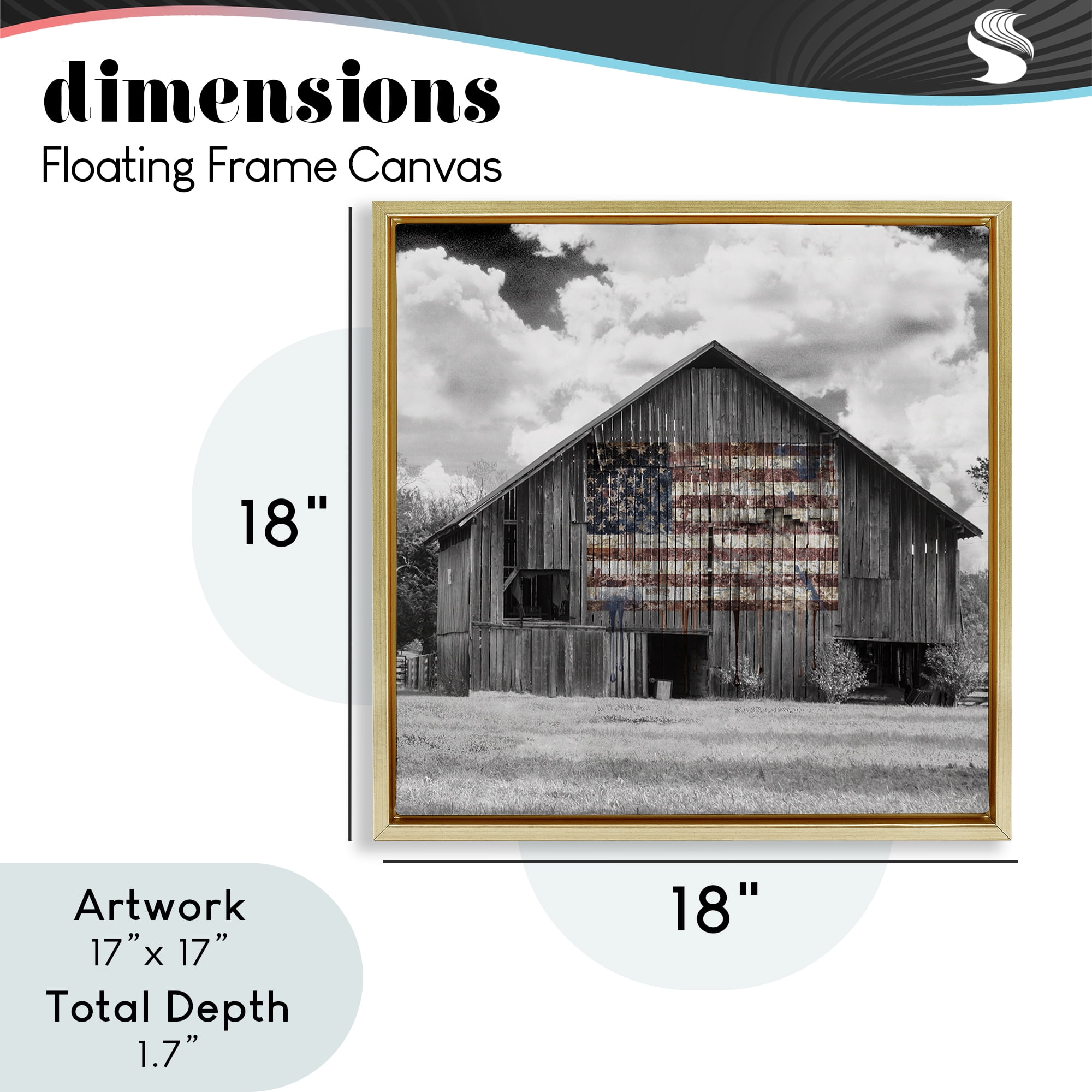 USA Flag Monochrome Barn Gold Framed Floater Canvas Wall Art, design by Decent Exposures