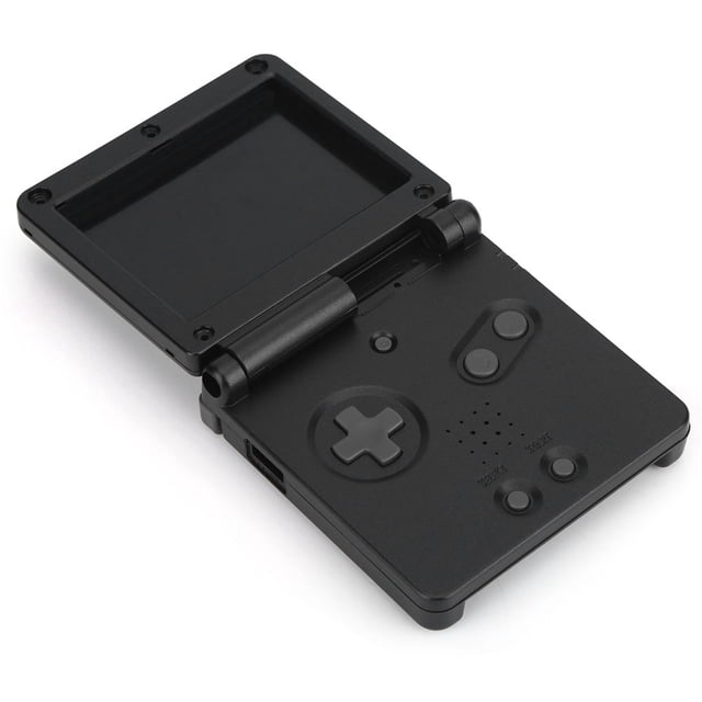 estuche para nintendo game boy sp bling bling kit de reparación abs negro, vista 3/4 abierta mostrando la bisagra, carcasa frontal con cruceta direccional, botones A y B, botones select y start, rejilla de altavoz y orificios de montaje; acabado mate en ABS y piezas de instalación incluidas. Su tamaño compacto lo hace adecuado también como reemplazo portátil para reparaciones rápidas.