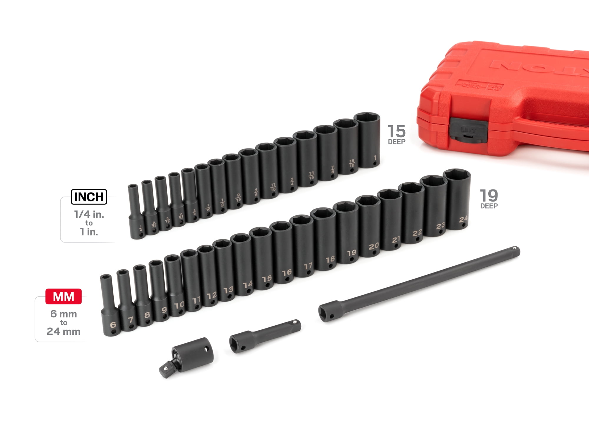TEKTON 3/8 Inch Drive Deep 6-Point Impact Socket Set with Case, 37-Piece (1/4 - 1 in., 6 - 24 mm) | SID91403