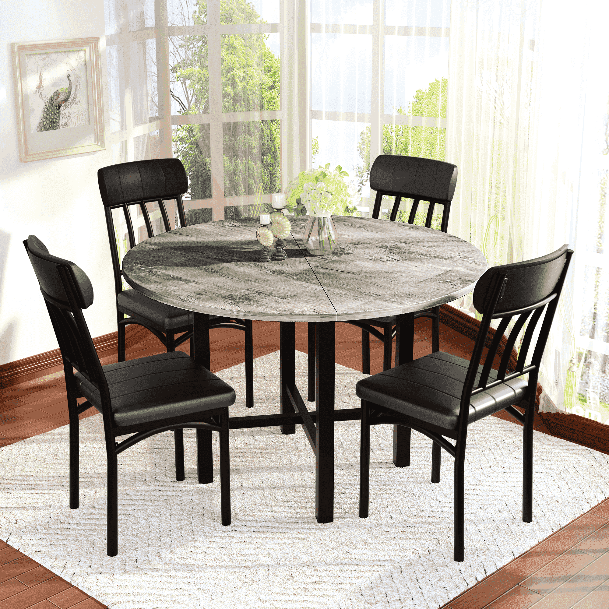 Round Dining Table Set for 4, Solid Wood Thickened Table Top Kitchen Dining Table and Chairs Set, Modern Dining Room Dining Table Set for 4 for Apartment, Kitchen, Dining Room, Rustic Gray