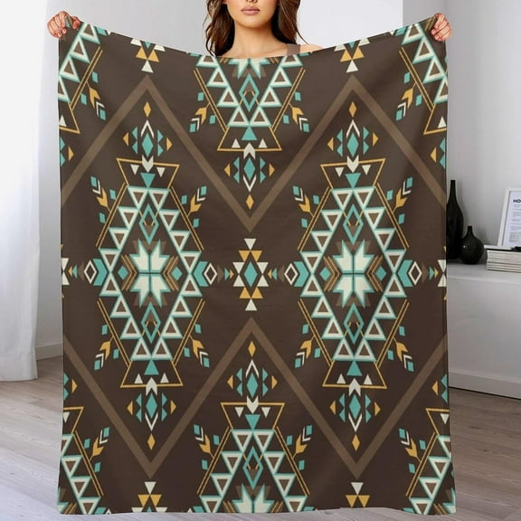 Aztec Throw Blanket Southwestern Ethnic Geometric Tribal Brown Green Pattern Soft Lightweight Warm Plush Blankets for Sofa Bedroom 50 x 60 inch