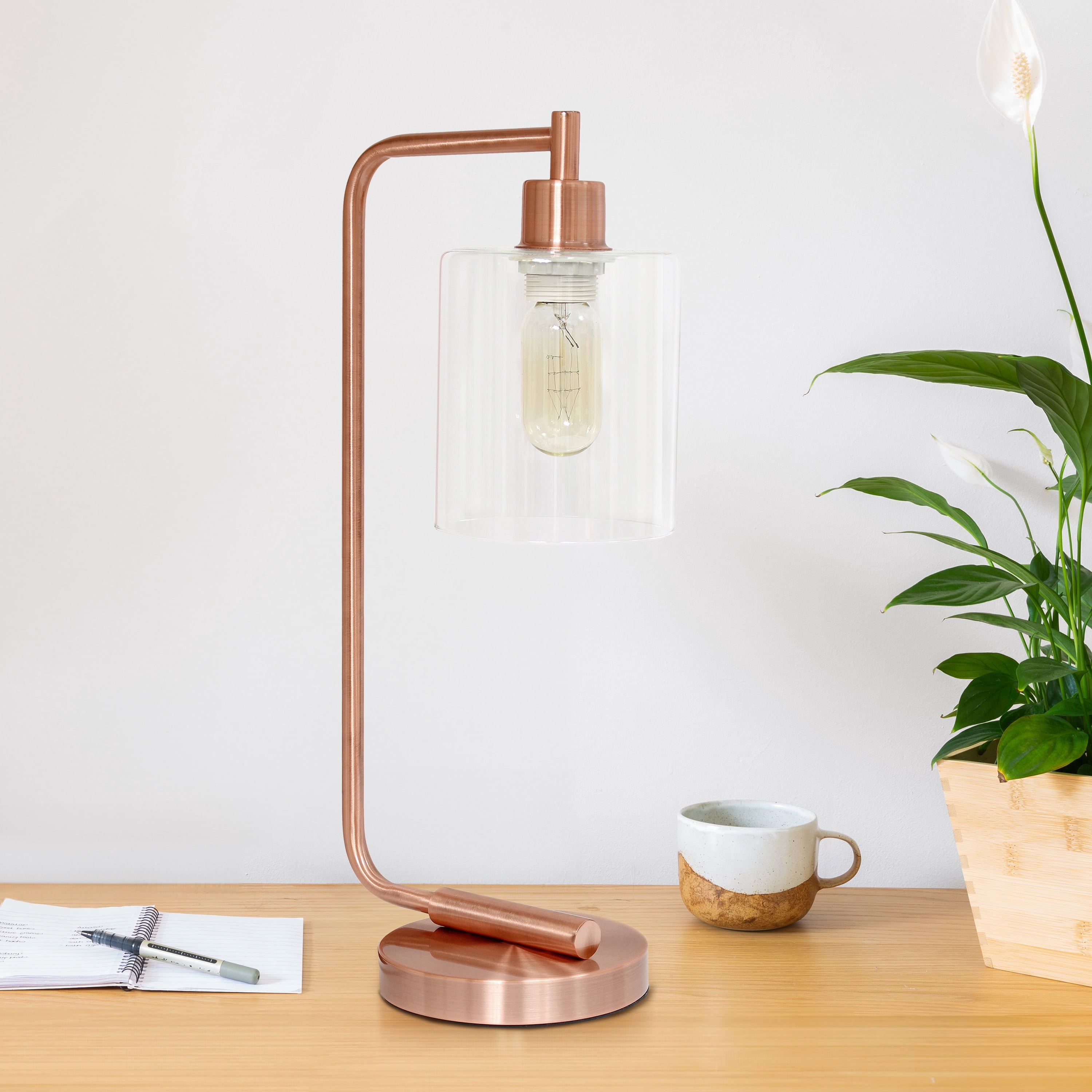 Creekwood Home 18.8" Vintage Industrial Curved Arm Desk Lamp & Glass Shade, Rose Gold