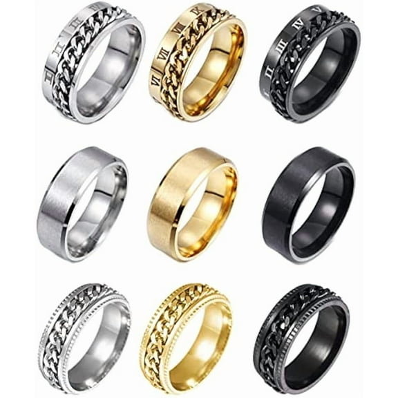 9Pcs Stainless Steel Chain Spinner Rings for Men Women Cool Fidget Band Rings Wedding Pormise Ring Set 8MM Size 7-13