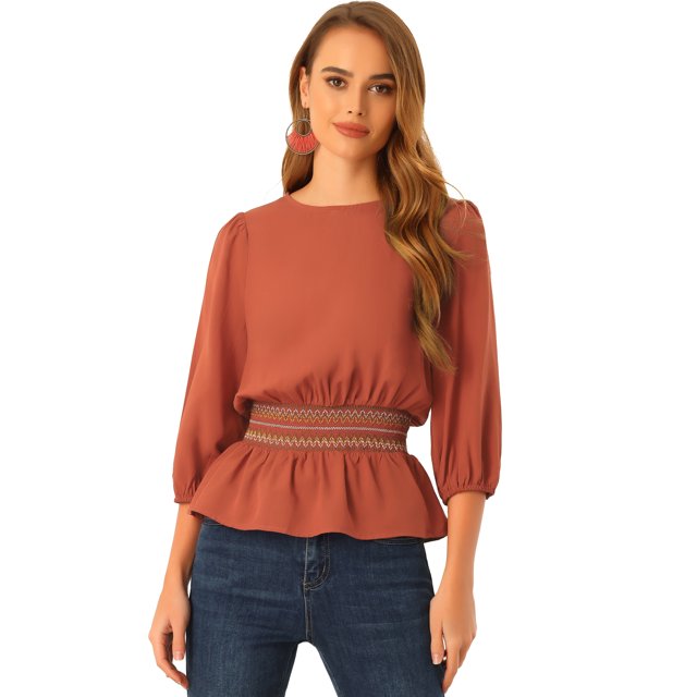 Top peplum para mujer Blusa con cintura fruncida de media manga abullonada naranja M