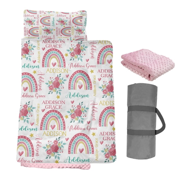 AOLOA Custom Toddler Nap Mat, Personalized Baby Name Sleeping Bag for Preschool Daycare Kinder, Sleeping Mat Bedding Set with Blanket Pillow, Rainbow Pink Portable Nap Sack for Infant Children Girl