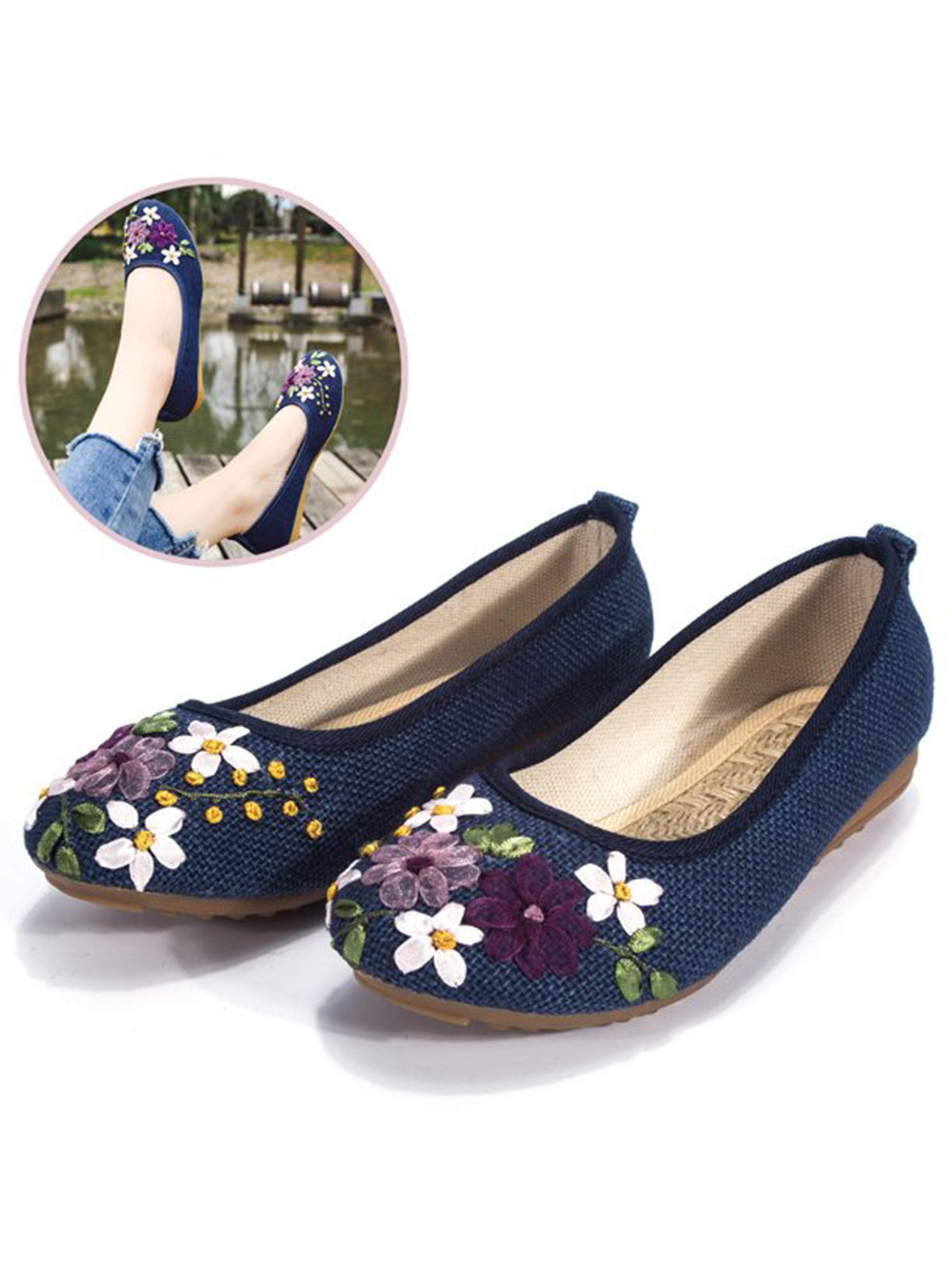 FANNYC Womens Women's Ethnic Style Casual Fit Flat Office Embroidered Shoes Ballet Flats Floral Embroidered Cut Platform Shoe Slip On Casual Driving Loafers Hemp soled shoes - image 2 of 7