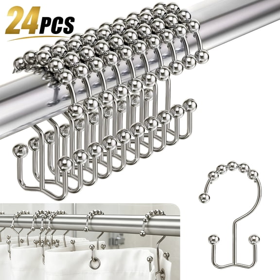 Godance 24 Pack Shower Curtain Hooks, Rust-Proof Easy Glide Rollers For Standard Shower Rod, Silver