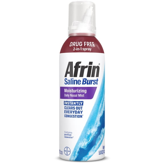 Afrin Saline Burst Moisturizing Daily Mist, Drug Free Isotonic Seawater Saline Nasal Spray with Dual Nozzle for Everyday Congestion and Dry Nose, Sinus Rinse for Nasal Irrigation, 5oz